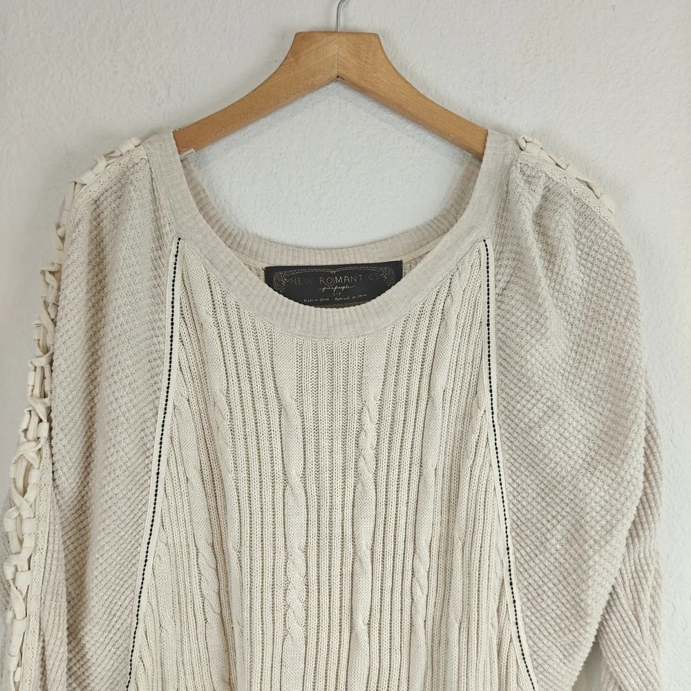 Free People New Romantics Lace-Up Sleeve High Low Boho Knit Thermal Top S